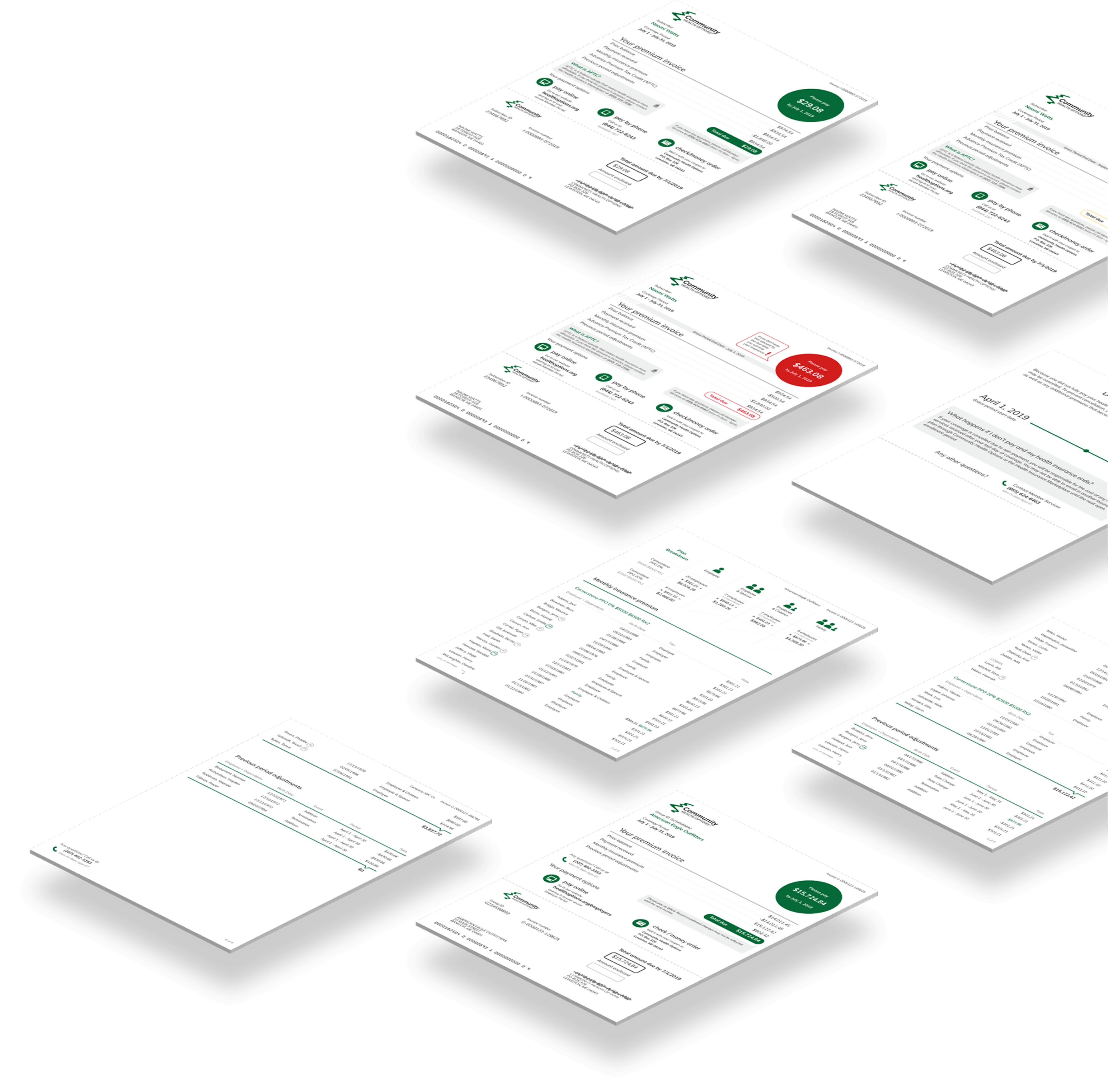 Multiple angled views of detailed financial or billing documents featuring headings, itemized lists, checkmarks, and summary amounts in green and red.