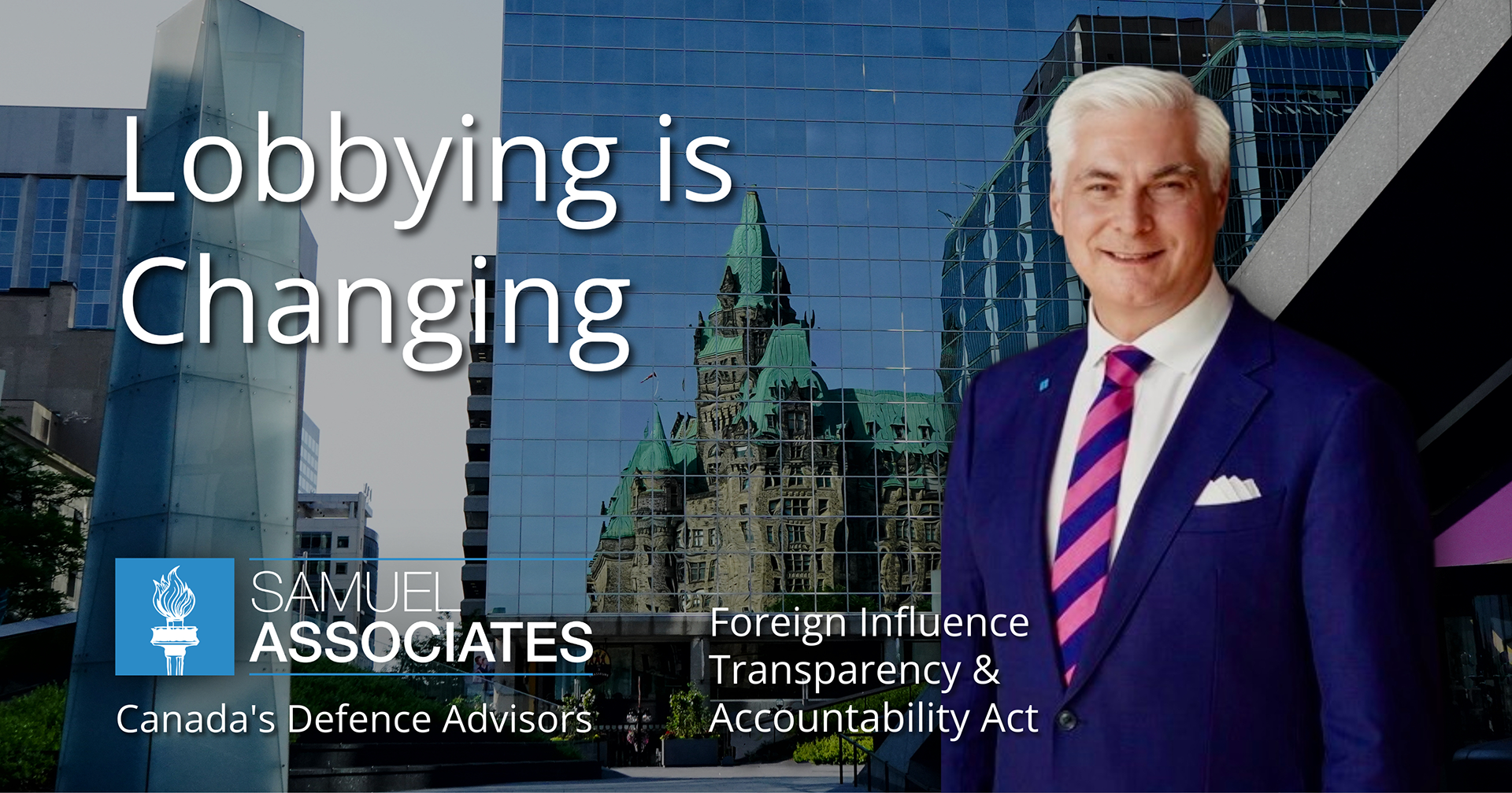 Goran is in a suit standing beside a tall high rise glass building with text that says "Lobbying is Changing"