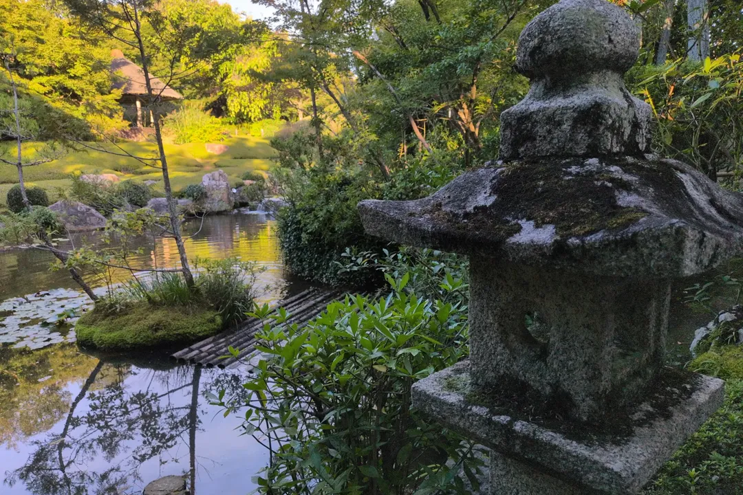 The gardens at Myoshinji Temple. In the foreground on the right is a stone lantern with dark green moss clinging to it. To the left is a pond with a small island, a bamboo raft, and some lily pads, reflecting the blue sky above. In the distance, the sun colors a mossy hillside, some trees, and a small building in golden light.)