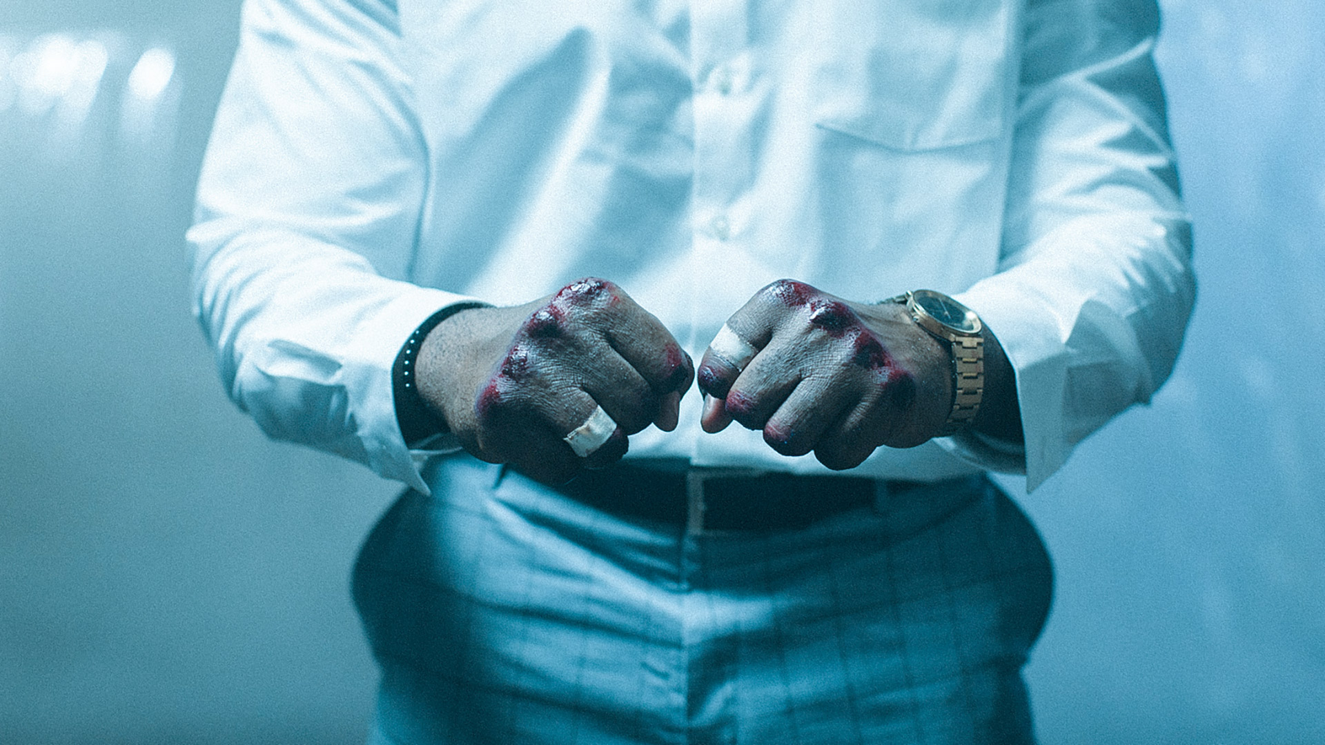 Broadway 10 Tenderizer bloody fists after the fight