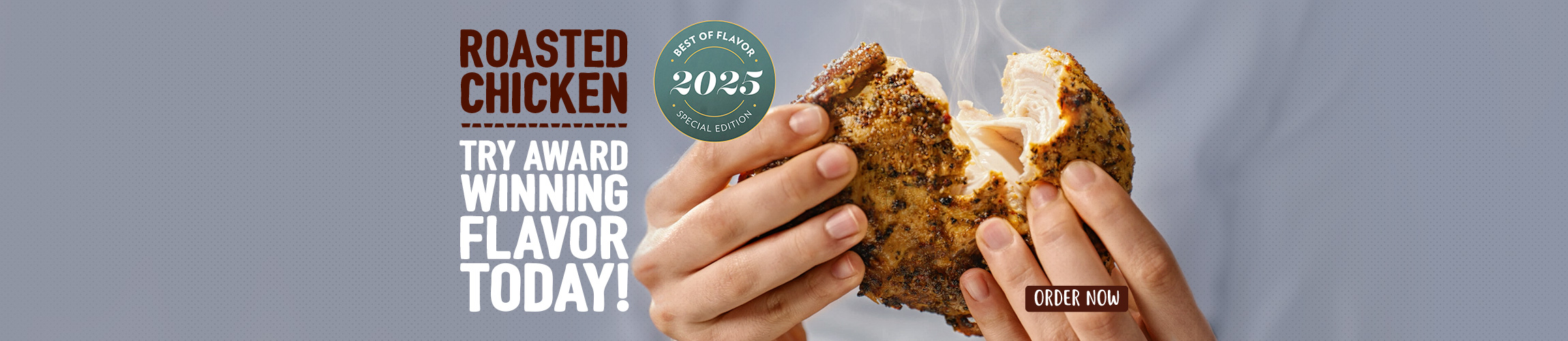 image of grilled chicken being shredded with th headline Roasted Chicken Try award winning flavor today 