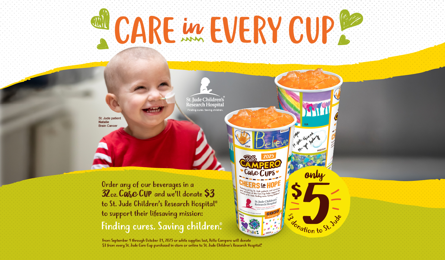 Care in every cup headline with a subhead that says $3 donation to St. Jude with purchase of $5 cup 