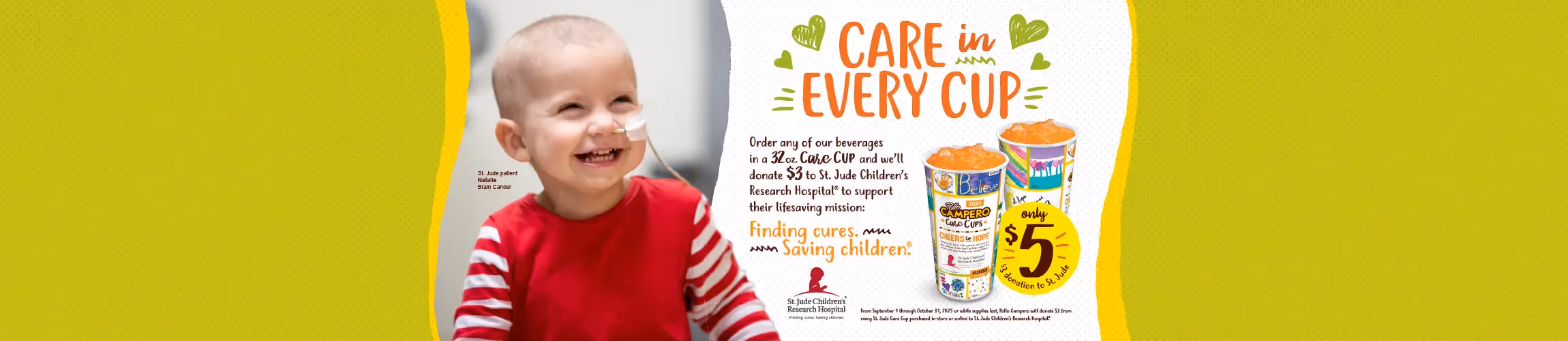 Care in every cup headline with a subhead that says $3 donation to St. Jude with purchase of $5 cup 
