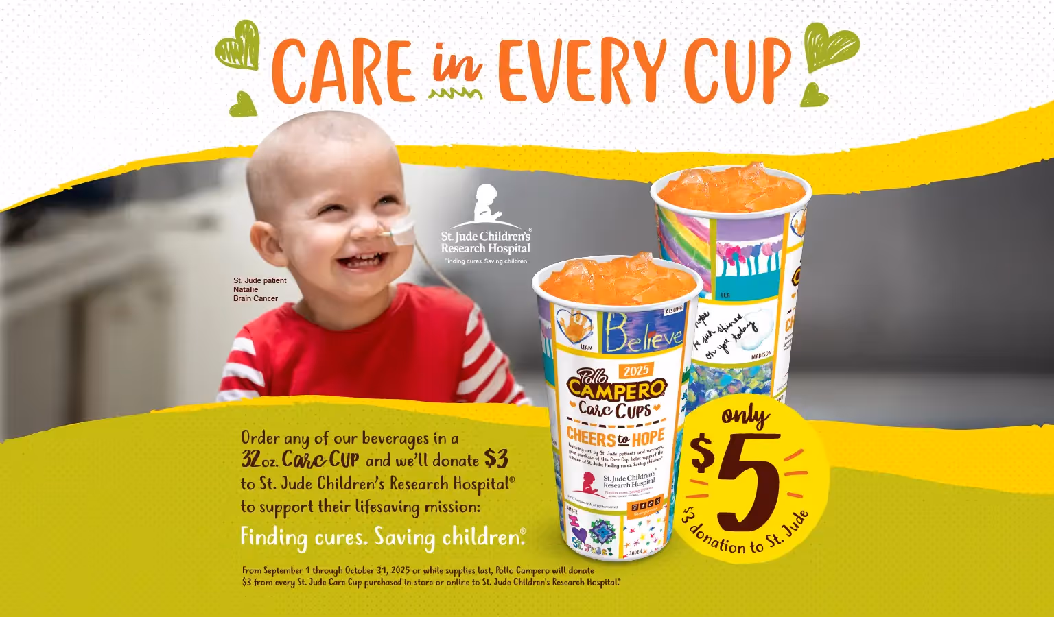 Care in every cup headline with a subhead that says $3 donation to St. Jude with purchase of $5 cup 