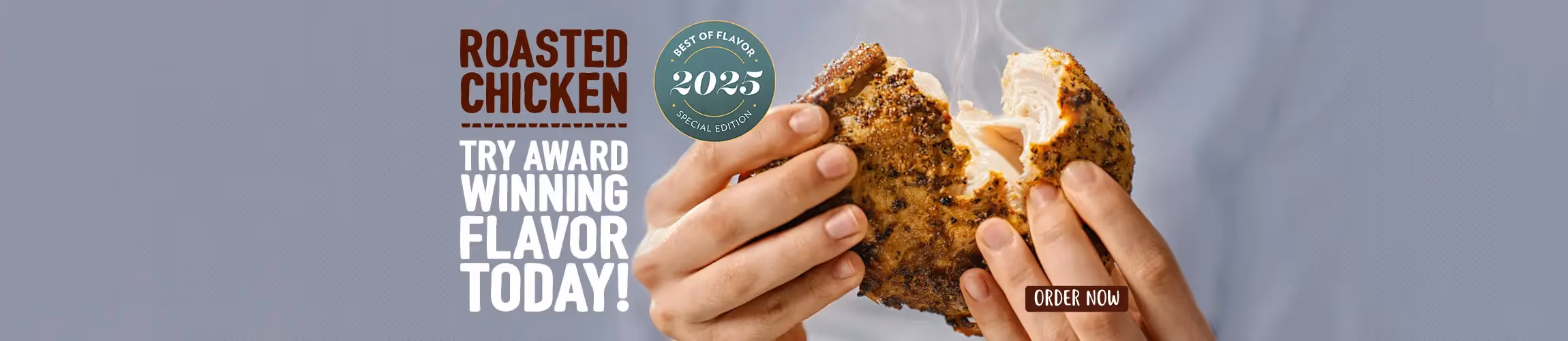 image of grilled chicken being shredded with th headline Roasted Chicken Try award winning flavor today 