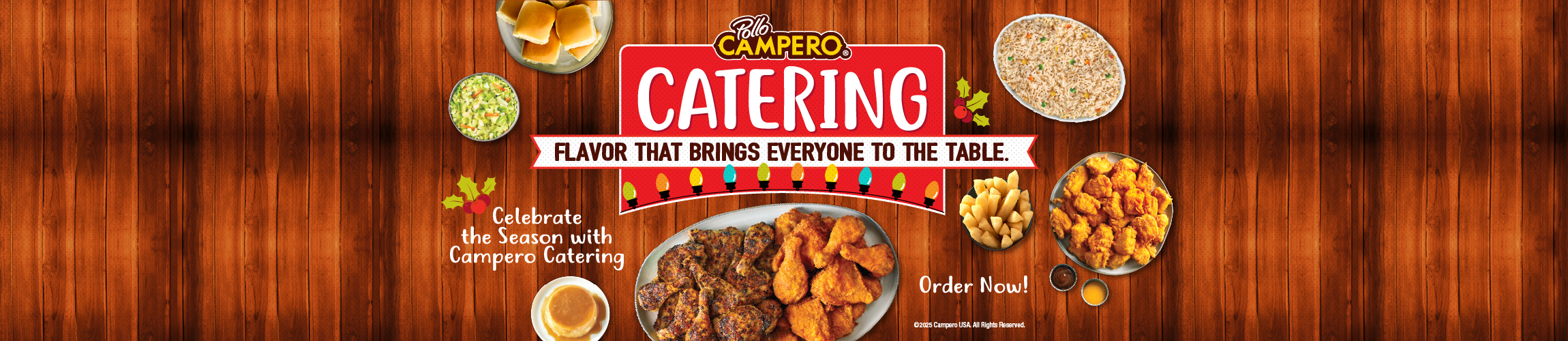 Headline that reads "Catering- Flavor that brings everyone to the table" with overhead shot of roasted and fried chicken 