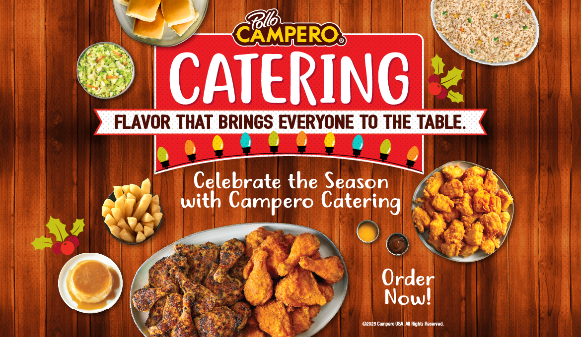 Headline that reads "Catering- Flavor that brings everyone to the table" with overhead shot of roasted and fried chicken 