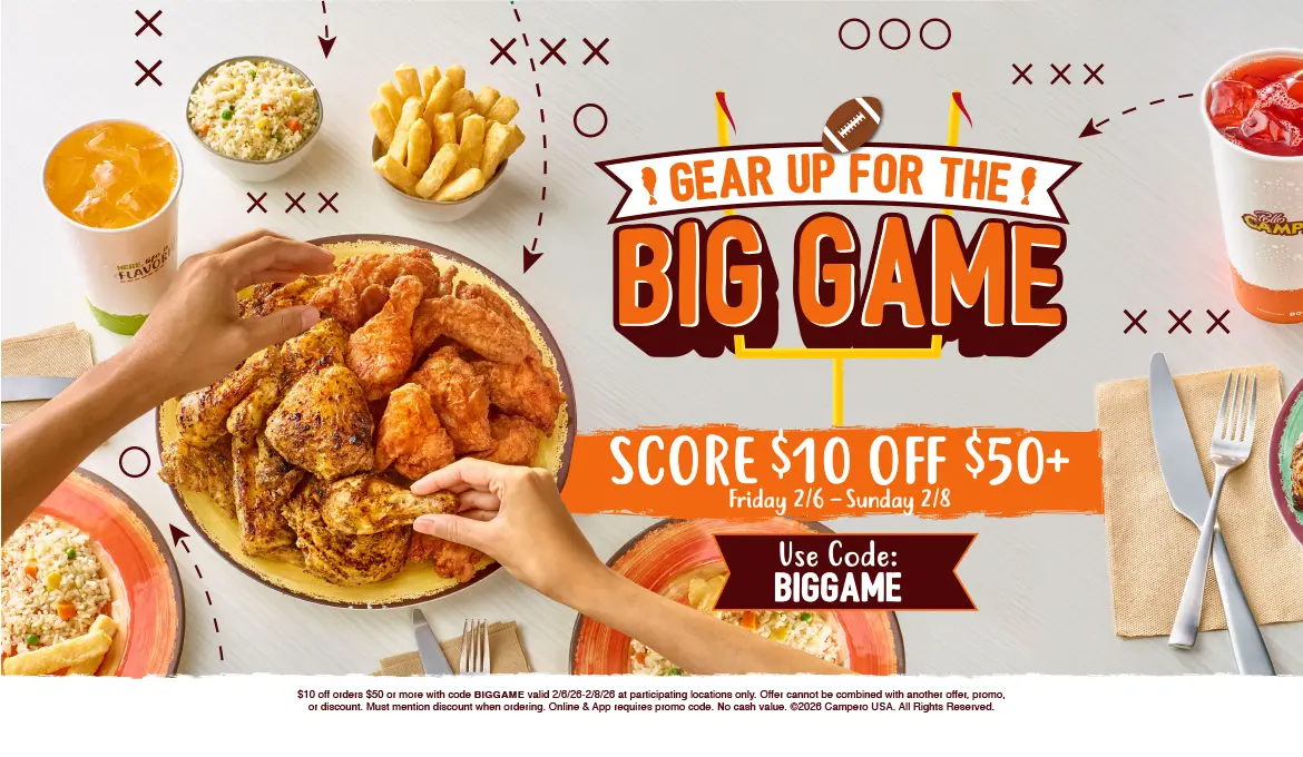 Headline that reads "Gear up for the big game score $10 off $50 Friday 2/6-Sunday 2/8"