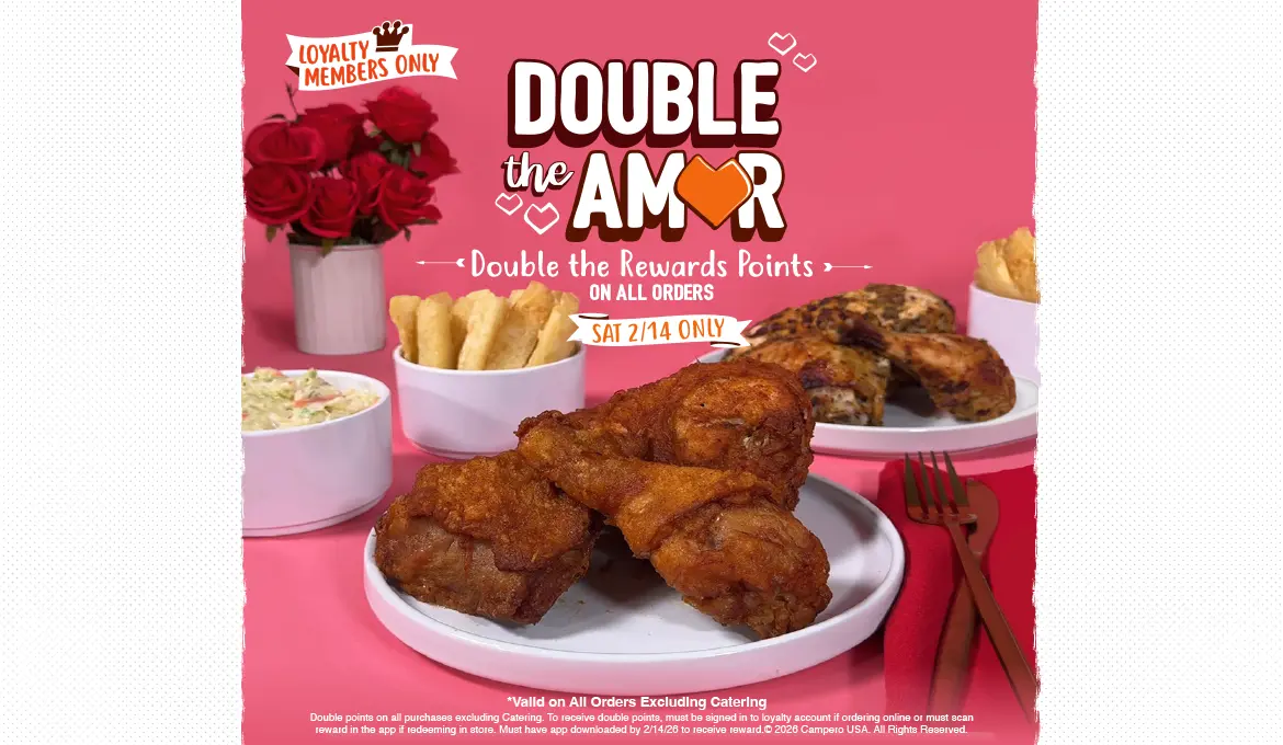 headline that reads "double the amore" double the rewards points on ALL orders Saturday 2/14 only 