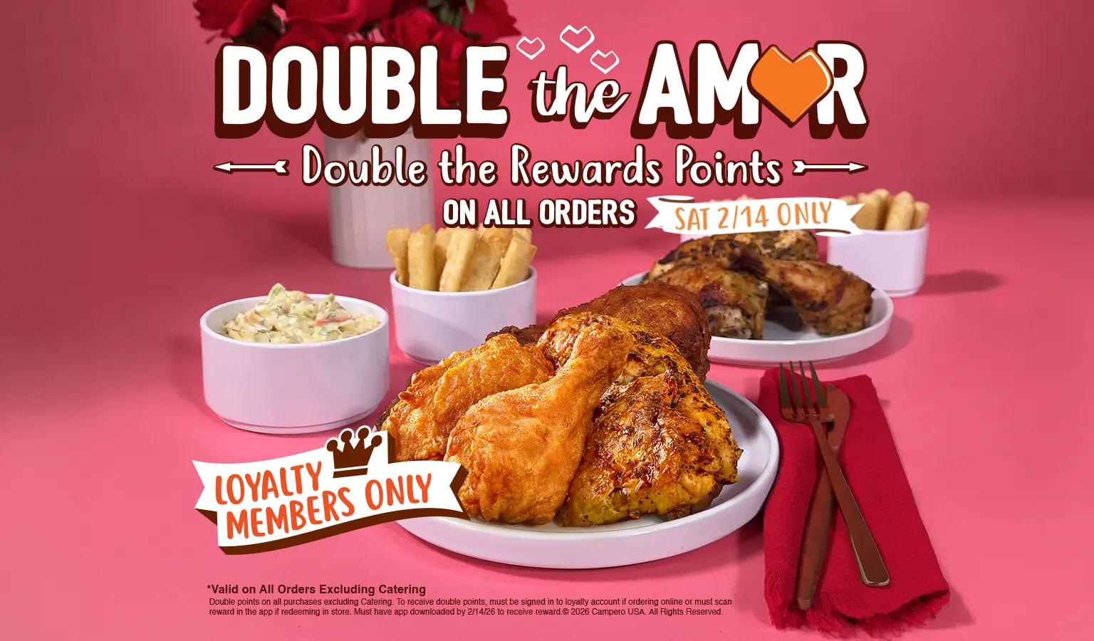 headline that reads "double the amore" double the rewards points on ALL orders Saturday 2/14 only