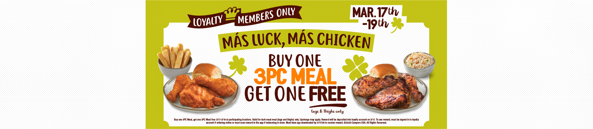 headline that reads "mas luck mas chicken" buy one 3 pc meal get one free