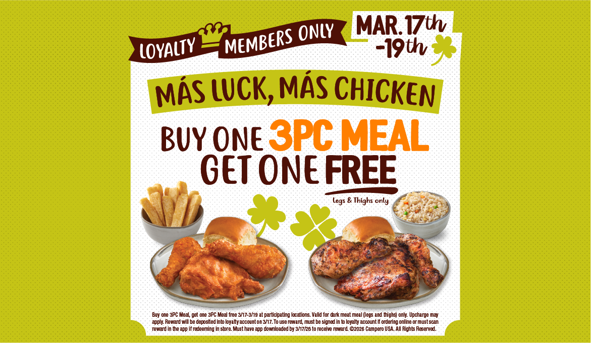headline that reads "mas luck mas chicken" buy one 3 pc meal get one free