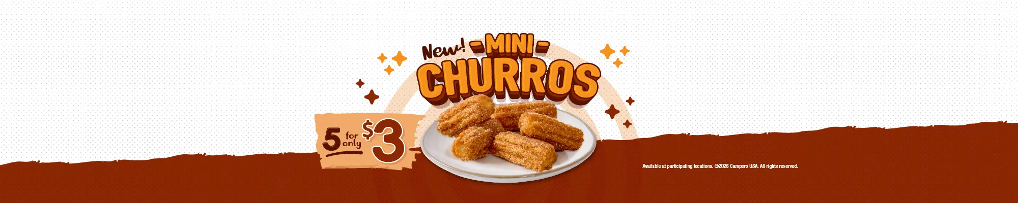 Pollo Campero banner reading “New Mini Churros” with a plate of bite-sized churros. Text highlights “5 for only $3” and notes availability at participating locations.