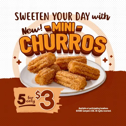 Pollo Campero banner reading “New Mini Churros” with a plate of bite-sized churros. Text highlights “5 for only $3” and notes availability at participating locations.