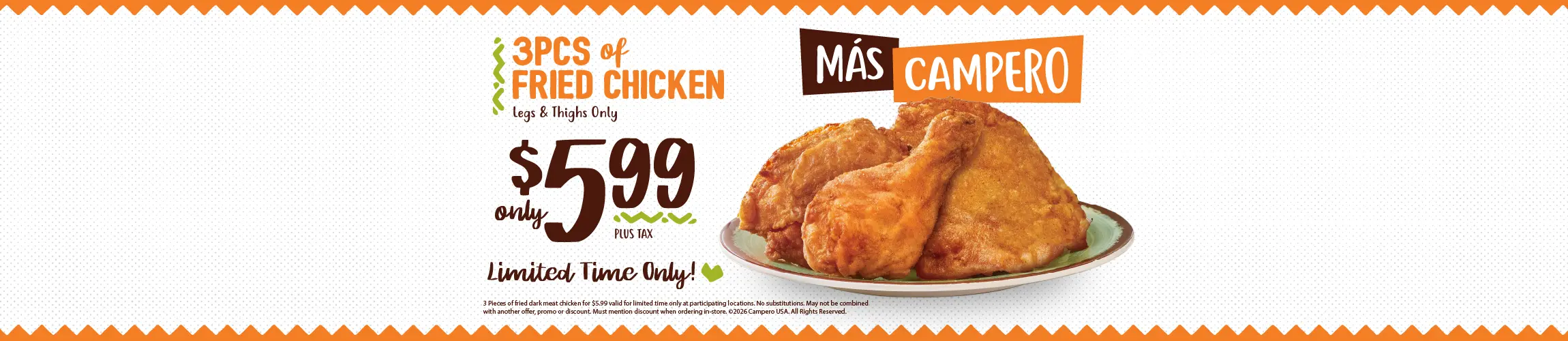 Headline that reads 3 pcs of fried chicken legs and thighs only with fried chicken on a plate 