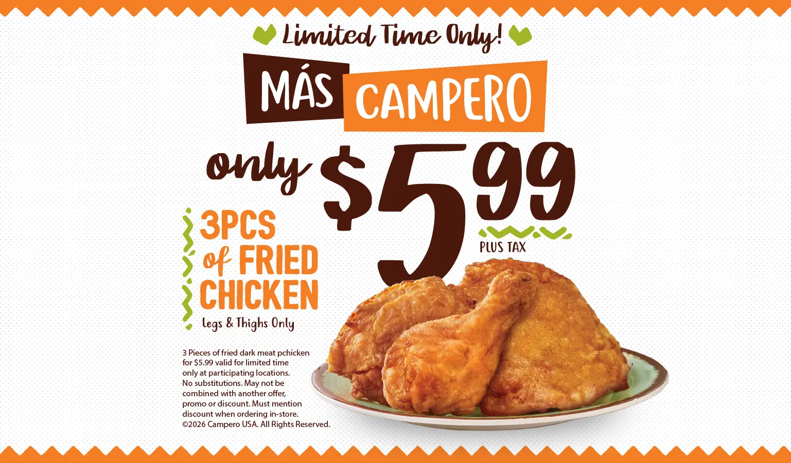 Headline that reads 3 pcs of fried chicken legs and thighs only with fried chicken on a plate 