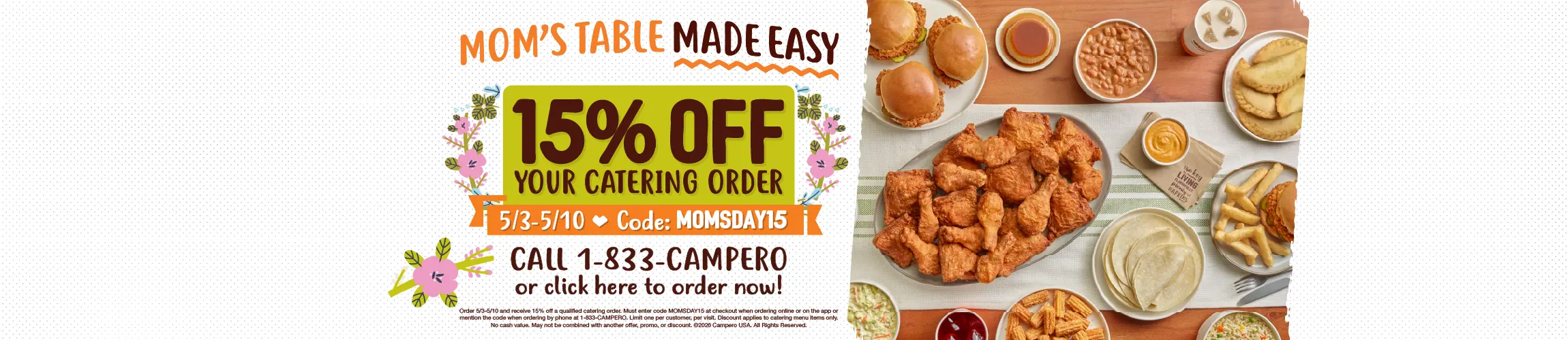 Headline that reads: Mom's table made easy 15% off your catering order with code: MOMSDAY15