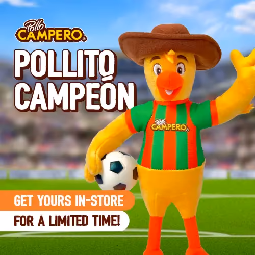 Pollito Campeón plush mascot standing on a soccer field holding a soccer ball, wearing a striped Pollo Campero jersey and cowboy hat, with text promoting the limited-time in-store release of the collectible plush.