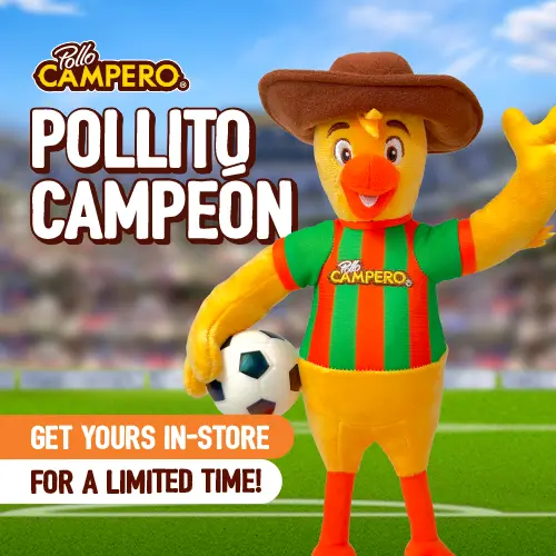 Pollito Campeón plush mascot standing on a soccer field holding a soccer ball, wearing a striped Pollo Campero jersey and cowboy hat, with text promoting the limited-time in-store release of the collectible plush.