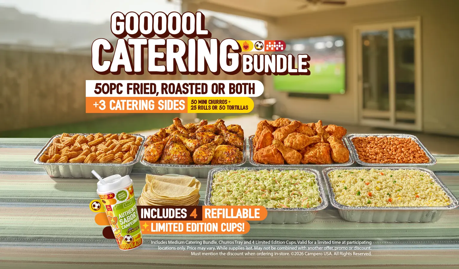 GOOOOOOL Catering Bundle promotional image showing 50 pieces of fried or roasted chicken, three catering sides, churros, and 4 limited edition refillable cups with soccer theme.