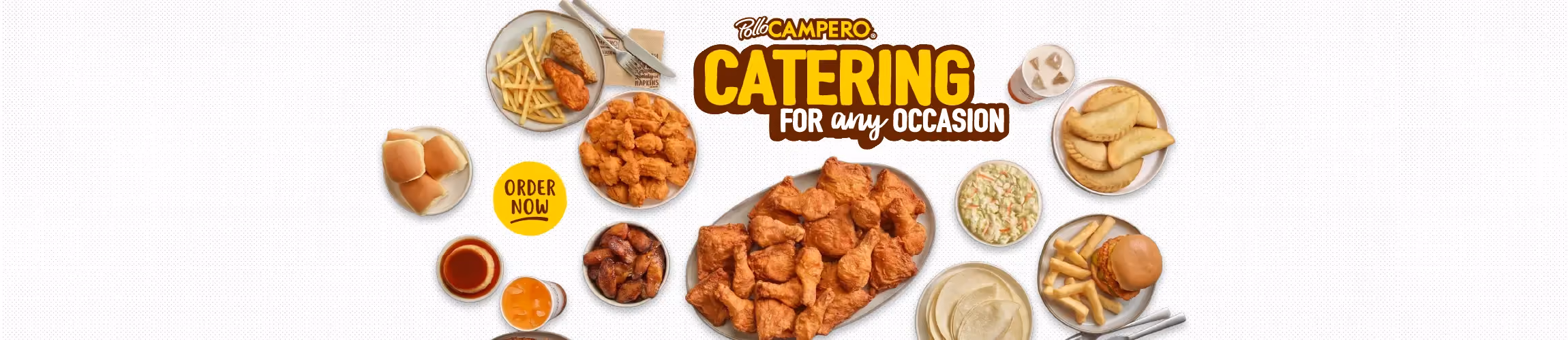 Pollo Campero advertisement promoting catering services. A variety of menu items, including fried chicken, nuggets, sides, empanadas, tortillas, fries, sandwiches, and drinks, are arranged on a picnic table. Large text reads, "Pollo Campero Catering for Any Occasion," with an "Order Now" call-to-action.