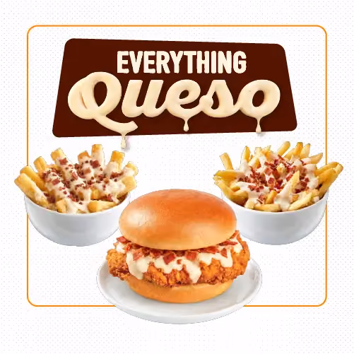 Pollo Campero Everything Queso featuring a crispy chicken sandwich topped with creamy queso and bacon, alongside two bowls of loaded fries topped with queso and bacon.