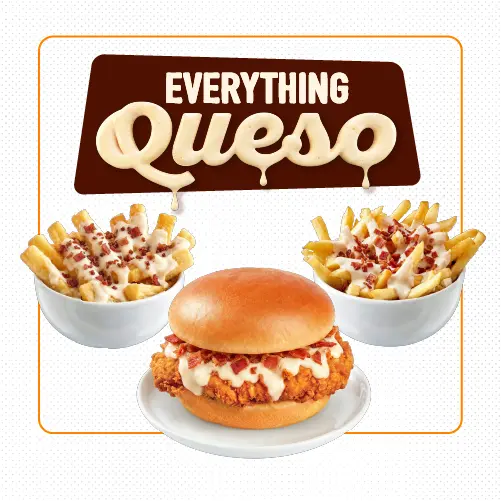 Pollo Campero Everything Queso featuring a crispy chicken sandwich topped with creamy queso and bacon, alongside two bowls of loaded fries topped with queso and bacon.