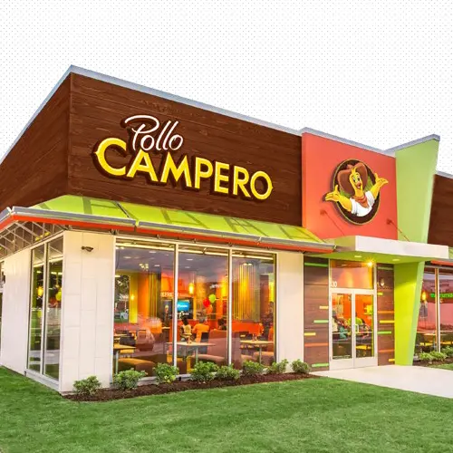 Pollo Campero Everything Queso featuring a crispy chicken sandwich topped with creamy queso and bacon, alongside two bowls of loaded fries topped with queso and bacon.