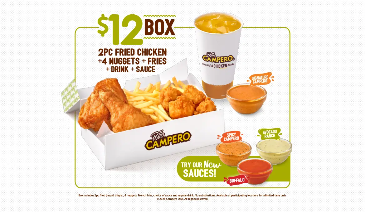 $12 Box limited-time offer featuring 2 pieces of fried chicken, 4 nuggets, French fries, and a side of sauce