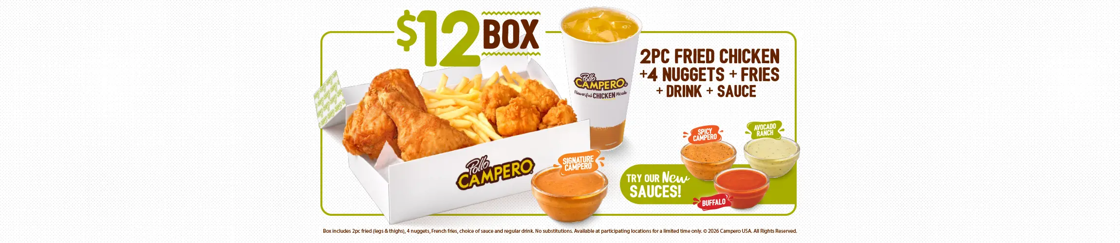 $12 Box limited-time offer featuring 2 pieces of fried chicken, 4 nuggets, French fries, and a side of sauce