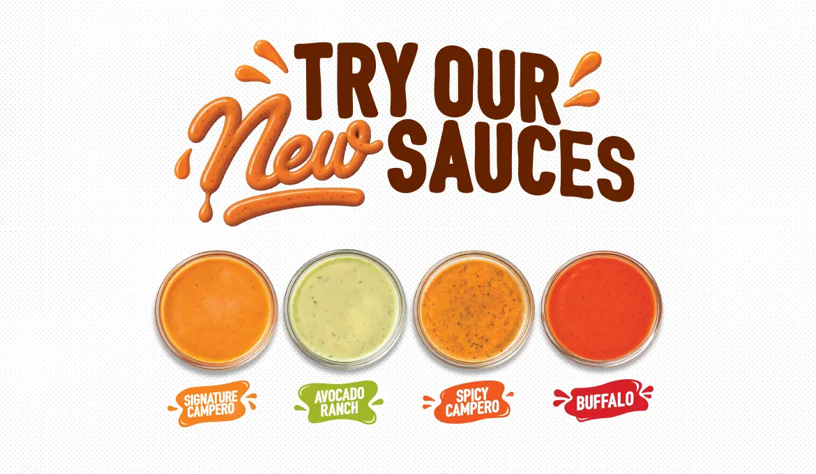 Try Pollo Campero's four new sauces: Signature Campero, Avocado Ranch, Spicy Campero, and Buffalo, displayed in individual bowls.