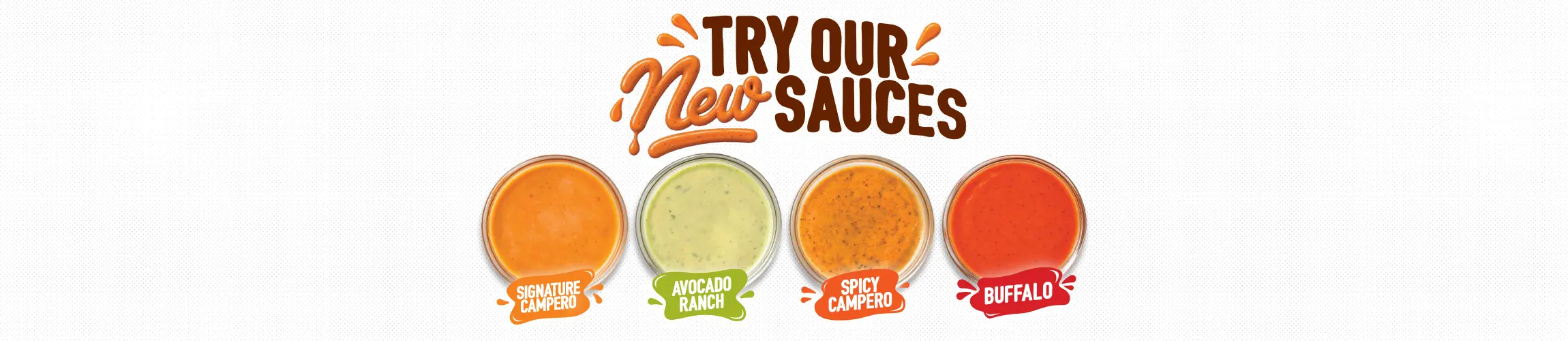 Try Pollo Campero's four new sauces: Signature Campero, Avocado Ranch, Spicy Campero, and Buffalo, displayed in individual bowls.