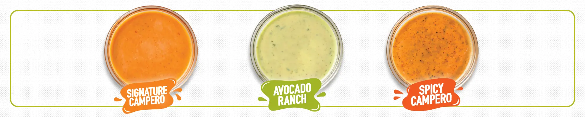Try Pollo Campero's four new sauces: Signature Campero, Avocado Ranch, Spicy Campero, and Buffalo, displayed in individual bowls.