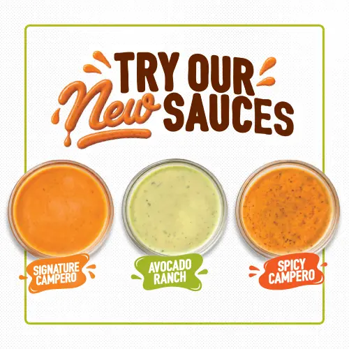 Try Pollo Campero's four new sauces: Signature Campero, Avocado Ranch, Spicy Campero, and Buffalo, displayed in individual bowls.