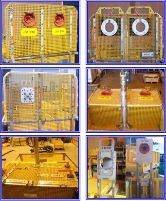 Udeco subsea equipment rental baskets featuring electrical and optical parking receptacles, ROV grabbers, and position indicators for installation and intervention operations.