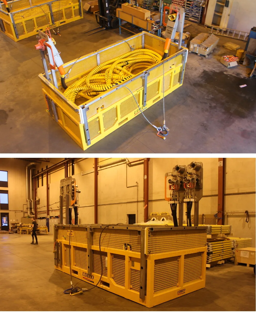 HFL Basket Option B with dual MQC/Cobra Head parking stands, yellow subsea equipment, coiled hoses inside, in a warehouse setting.