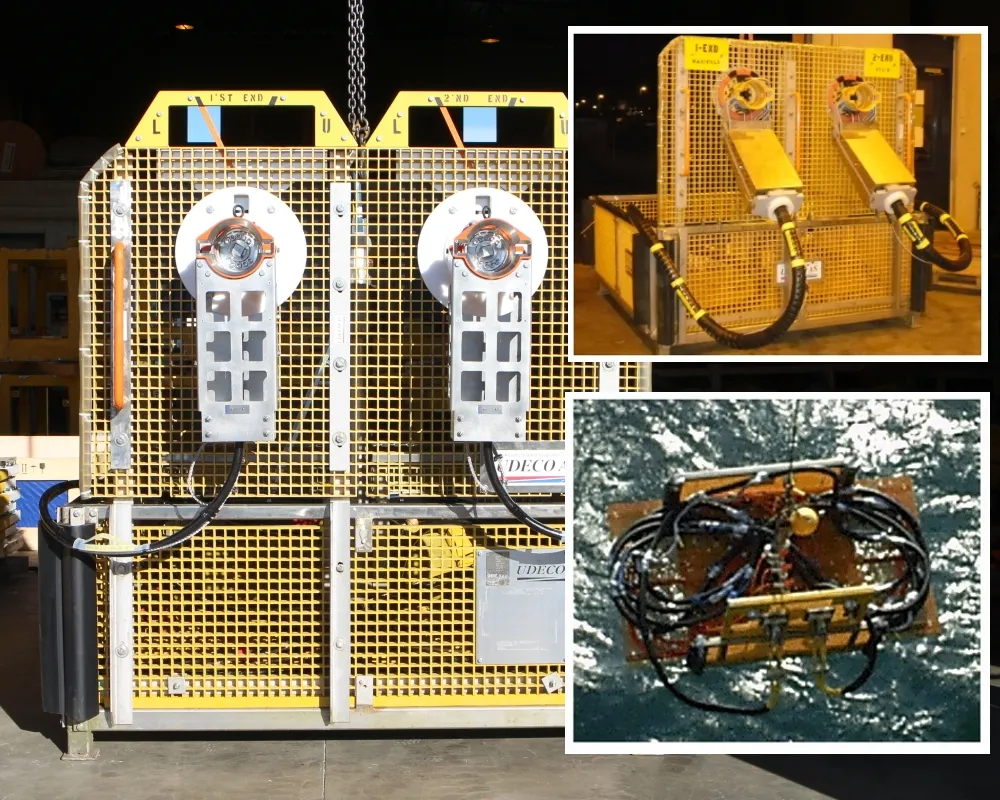 HFL Basket Option E featuring dual MQC/Cobra Head parking stands, equipped for hydraulic flying lead installation, with visible connectors and cables, designed for subsea operations.