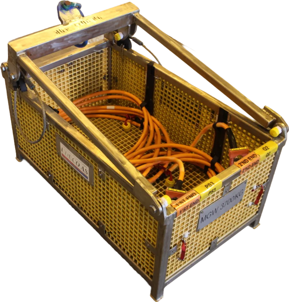 ROV basket for Electrical/Optical Flying Lead installation, featuring compartments for cable storage, securing strap plates, and marking tags, with orange cables coiled inside.