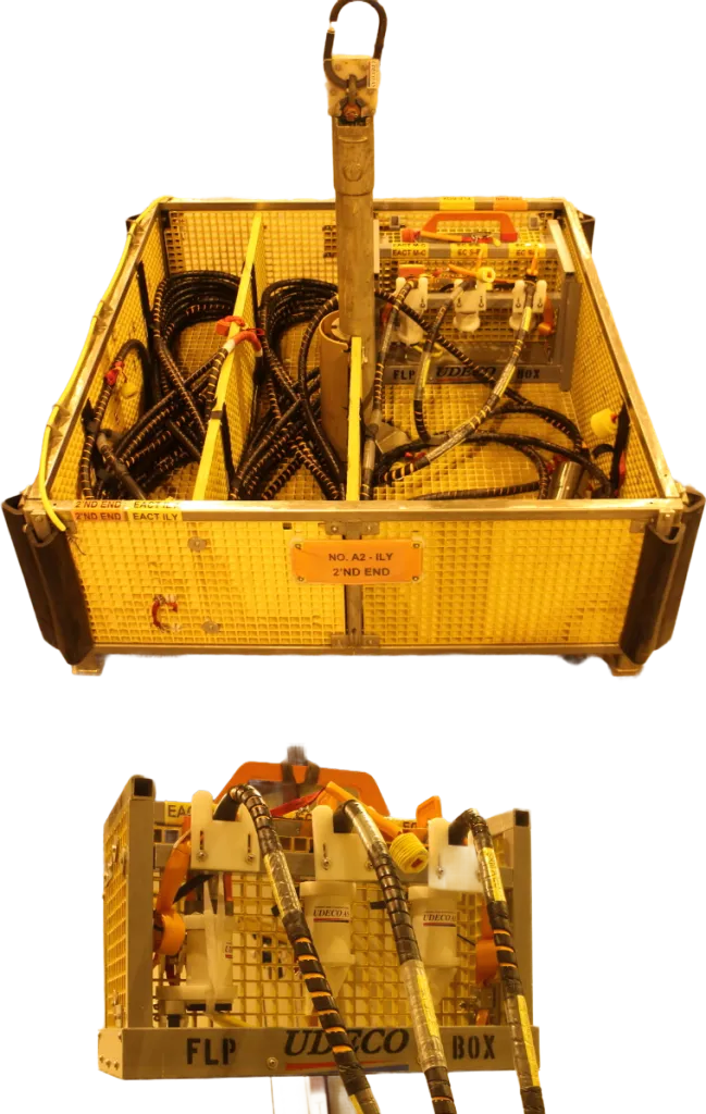 Multi-leg installation basket for Electrical and Optical Flying Leads, featuring cable securing strap plates, connector parking receptacles, and marked compartments for organized deployment.