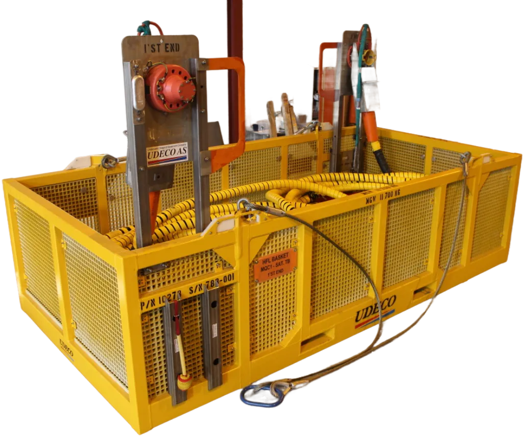HFL basket with dual MQC/Cobra Head parking stands, featuring yellow mesh sides, secured hoses, and Udeco branding, designed for subsea installation of hydraulic flying leads.