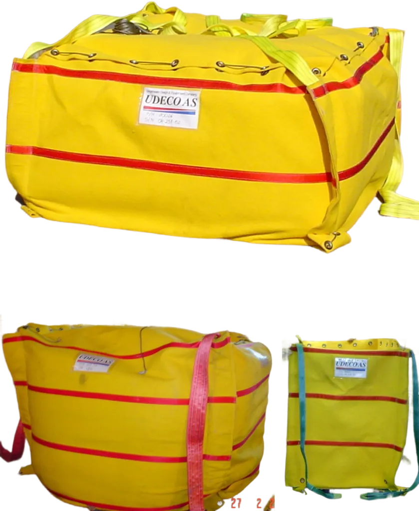 Large yellow Ubag subsea bag with red stripes, featuring ROV handling loops and Udeco AS branding, designed for subsea applications and varying weights.