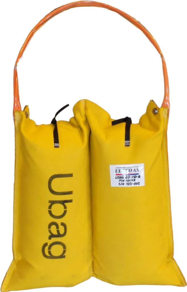 Two-cylinder Ubag in yellow with integrated handles and label, designed for subsea applications, showcasing features for handling sand or gravel.