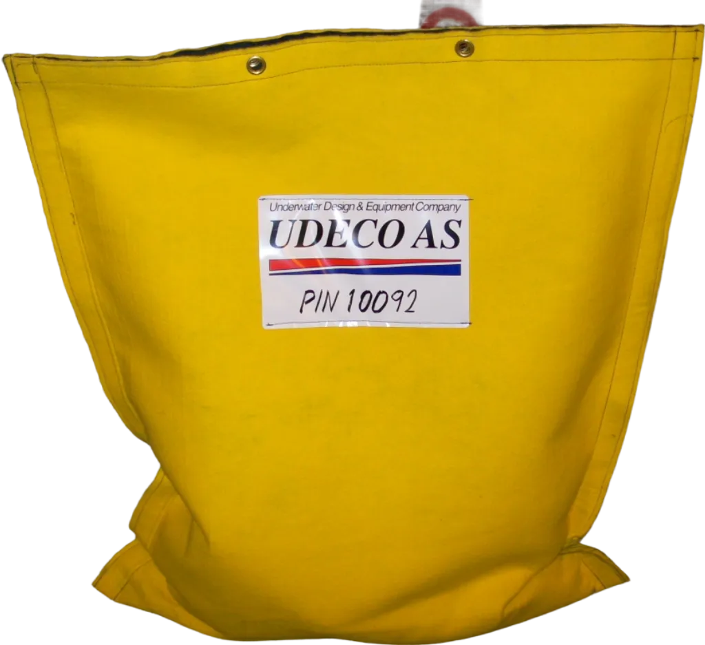 Yellow Ubag with Udeco AS branding and PIN 10092, designed for subsea applications, showcasing durability and functionality in underwater environments.