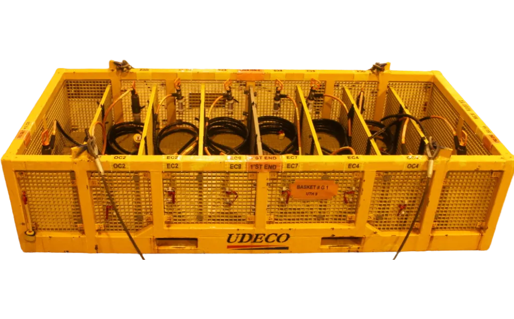 EFL/OFL basket by Udeco with multiple compartments, cable securing strap plates, and connector parking receptacles for subsea operations.