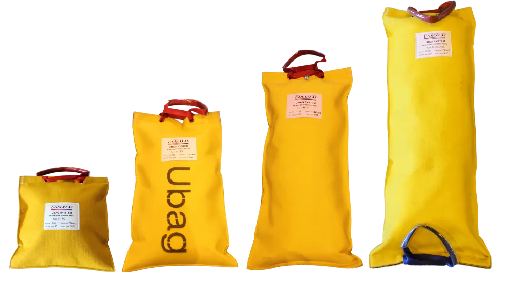 Ubag subsea bags in varying sizes and dimensions, featuring yellow fabric, labeled with "Udeco AS" and specifications, designed for stabilization and support in subsea environments.