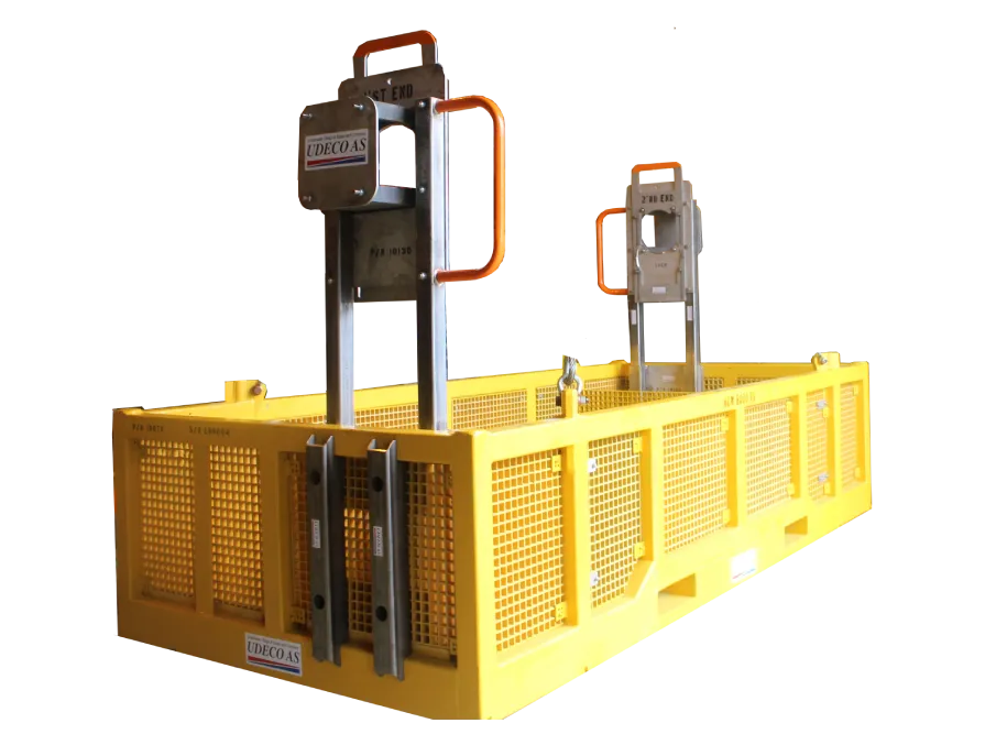 Udeco's yellow subsea basket designed for subsea equipment rental, featuring dual lifting points and mesh sides for secure cable accommodation, optimized for hydraulic and electrical installations.