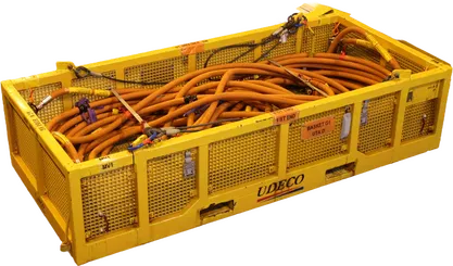 Large diameter EFL power cable subsea basket by Udeco, featuring multiple secured cables, parking receptacles, and marking tags, designed for subsea installation systems.