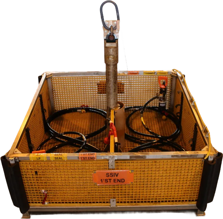 Mono HFL in subsea basket and Single Small Diameter Lines Basket with SSIV, featuring connector parking receptacles and tie-down straps for subsea cable installation.
