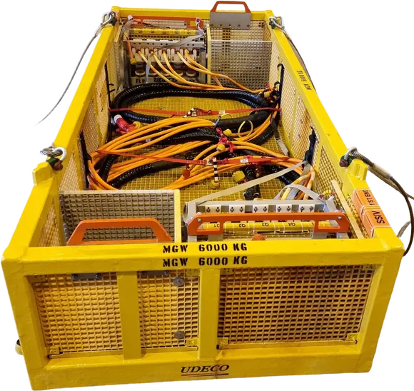 Subsea deployment and installation basket for flying lead cables, featuring multiple bundled electrical and optical leads, labeled with Udeco branding and weight specifications.