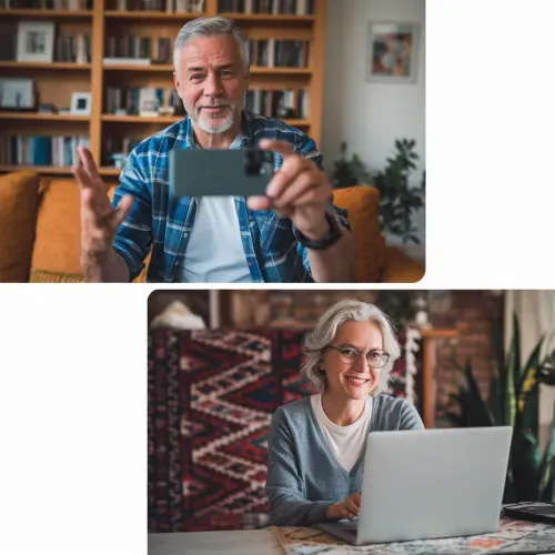 Man recording story on phone and woman entering story on laptop